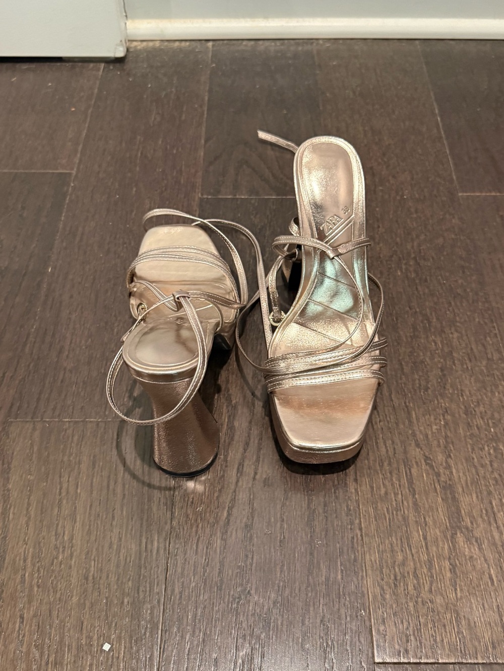Zara Metallic Rose Gold Strappy Block Heels